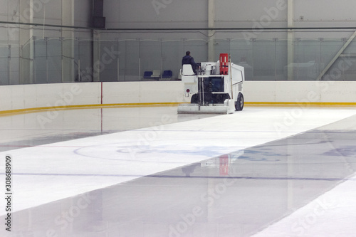 The white color machine, for resurfacing ice in the work process. Close up view
