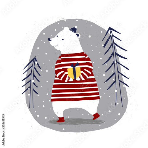 Merry Christmas Card with polar bear with the gift in winter forest