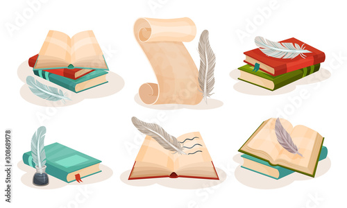 Ancient Paper Scrolls, Books and Quill Pens, Retro Writing, Science and Knowledge Symbols Vector Illustration