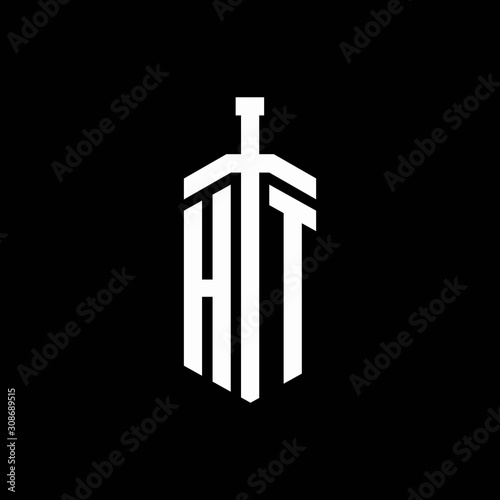 HT logo monogram with sword element ribbon design template