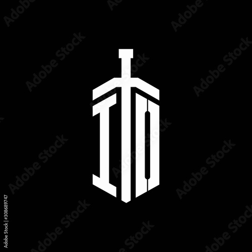 IO logo monogram with sword element ribbon design template