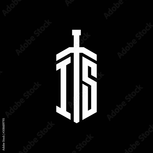 IS logo monogram with sword element ribbon design template