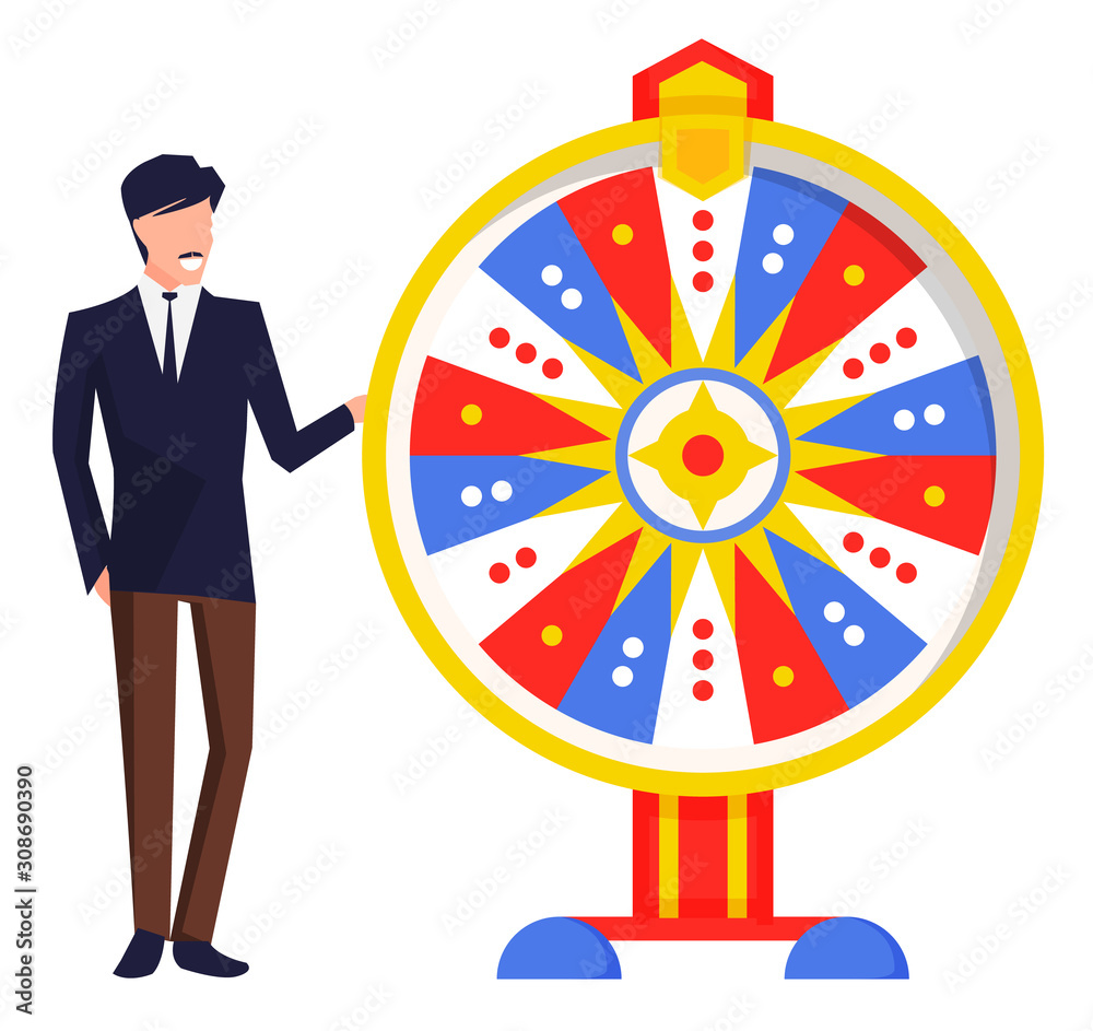 Male character wearing formal clothes spinning fortune wheel. Man