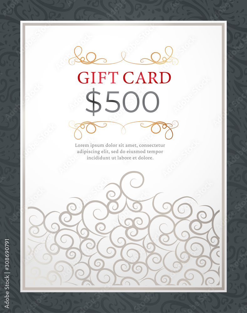 Gift voucher, holiday card or banner, present coupon, store invitation. Money certificate, free ticket, shopping discount or special offer. Birthday gift, shop price reduction vector illustration