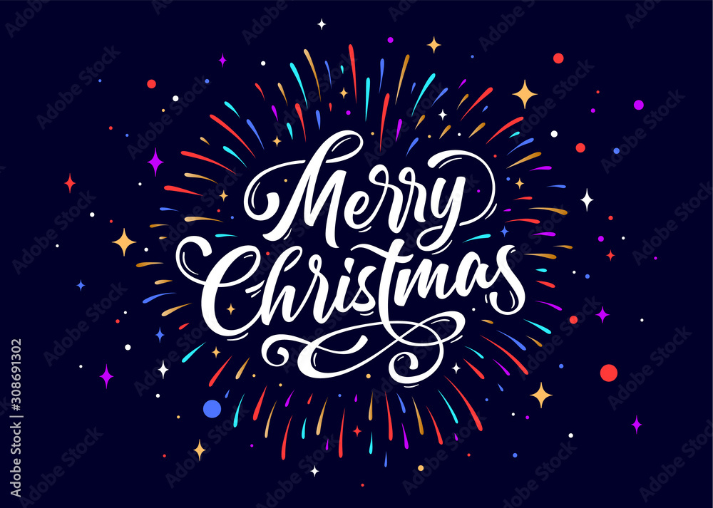 Merry Christmas. Lettering text for Merry Christmas. Greeting card, poster, banner with script text merry christmas. Holiday background with graphic, hand drawn design, fireworks. Vector Illustration - obrazy, fototapety, plakaty 