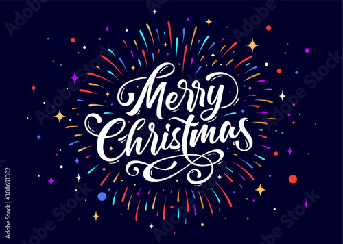 Merry Christmas. Lettering text for Merry Christmas. Greeting card, poster, banner with script text merry christmas. Holiday background with graphic, hand drawn design, fireworks. Vector Illustration