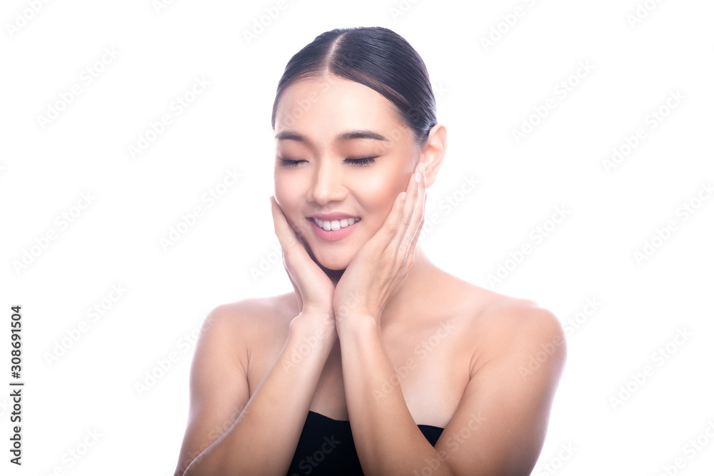 Beautiful Young Asian Woman with Clean Fresh Skin isolate on white background. Spa, Face care, Facial treatment, Beauty and Cosmetics concept. V shape, side way, eye close, big smile. Beautiful Young Asian Woman with Clean Fresh Skin isolate on white background. Spa, Face care, Facial treatment, Beauty and Cosmetics concept. V shape, side way, eye close, big smile.