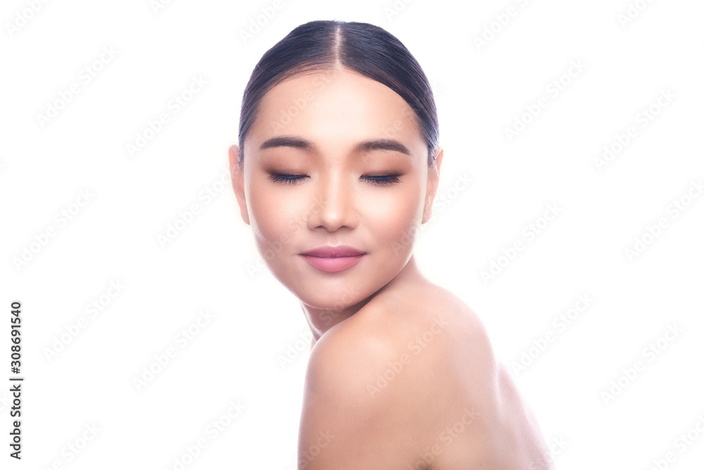 Beautiful Young Asian Woman with Clean Fresh Skin isolate on white background. Spa, Face care, Facial treatment, Beauty and Cosmetics concept. Chin on shoulder, eye close smile.