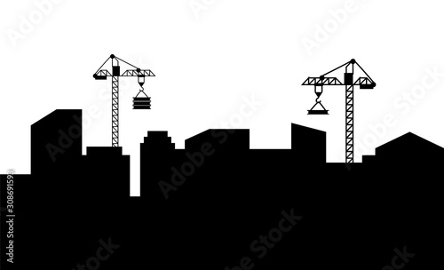 Construction of new buildings vector  megapolis expanding cranes with materials for new estates silhouette of cityscape. Skyline of small town flat style