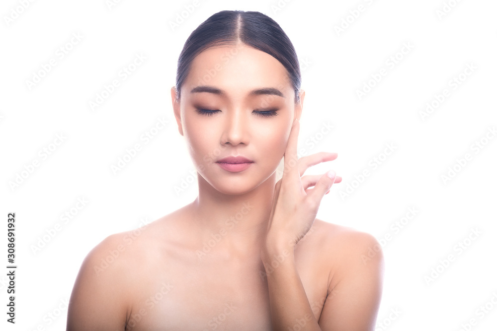 Beautiful Young Asian Woman with Clean Fresh Skin isolate on white background. Spa, Face care, Facial treatment, Beauty and Cosmetics concept. Finger on jaw, eye close. Beautiful Young Asian Woman with Clean Fresh Skin isolate on white background. Spa, Face care, Facial treatment, Beauty and Cosmetics concept. Finger on jaw, eye close.