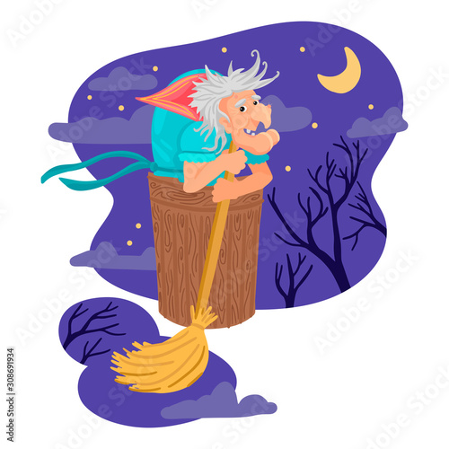 Baba Yaga from Russian fairy tales. A terrible old woman, flying in a wooden mortar with a broom. Witch. Vector illustration