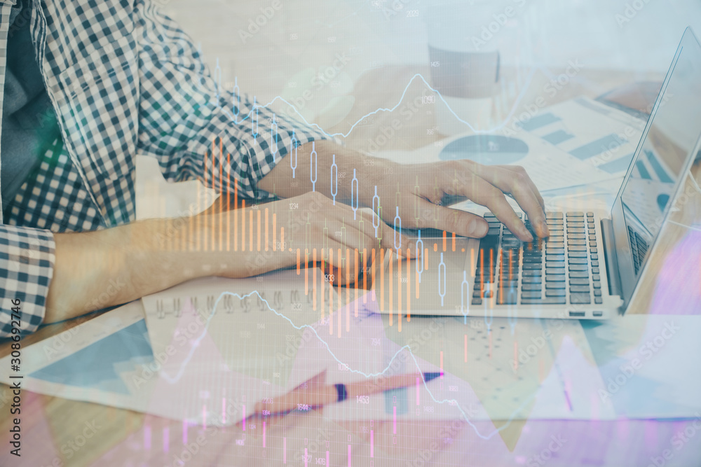 Multi exposure of stock market chart with man working on computer on background. Concept of financial analysis. Multi exposure of stock market chart with man working on computer on background. Concept of financial analysis.