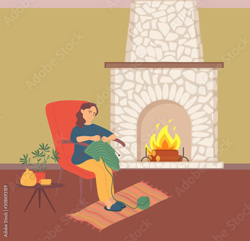 Hobby of woman, knitting at home near fireplace, teapot and house-plant on table. Portrait view of female sitting on chair with needles, crochet vector