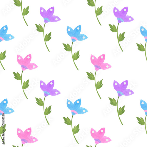 Seamless pattern stylized flowers watercolor illustration