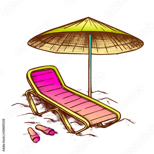 Beach Chair With Umbrella And Slippers Ink Vector. Relaxation Plastic Chair And Parasol. Summer Vacation Elements Engraving Concept Template Hand Drawn In Vintage Style Color Illustration