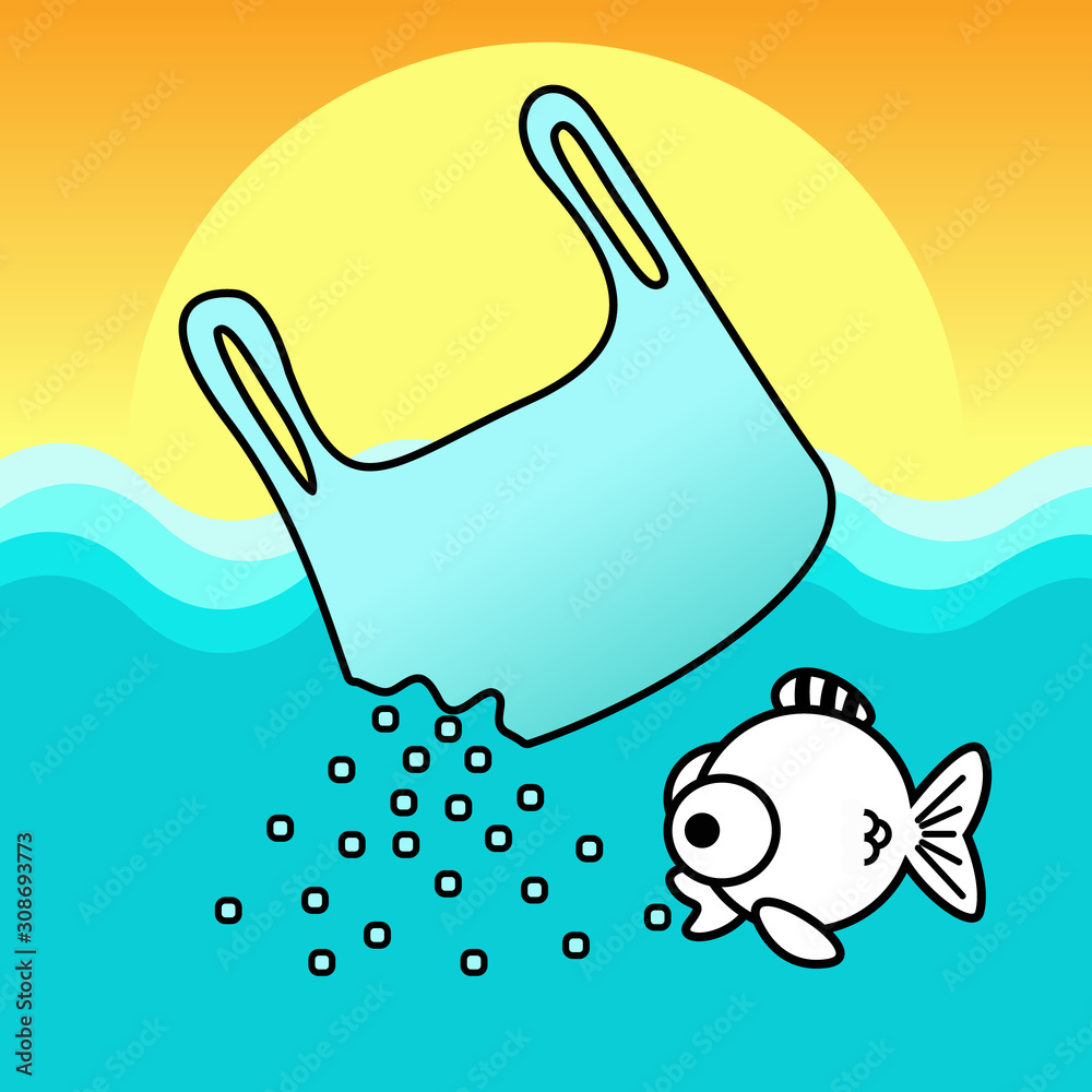 ocean plastic pollution concept. fish eat microplastic from plastic bag.  vector illustration Stock Vector