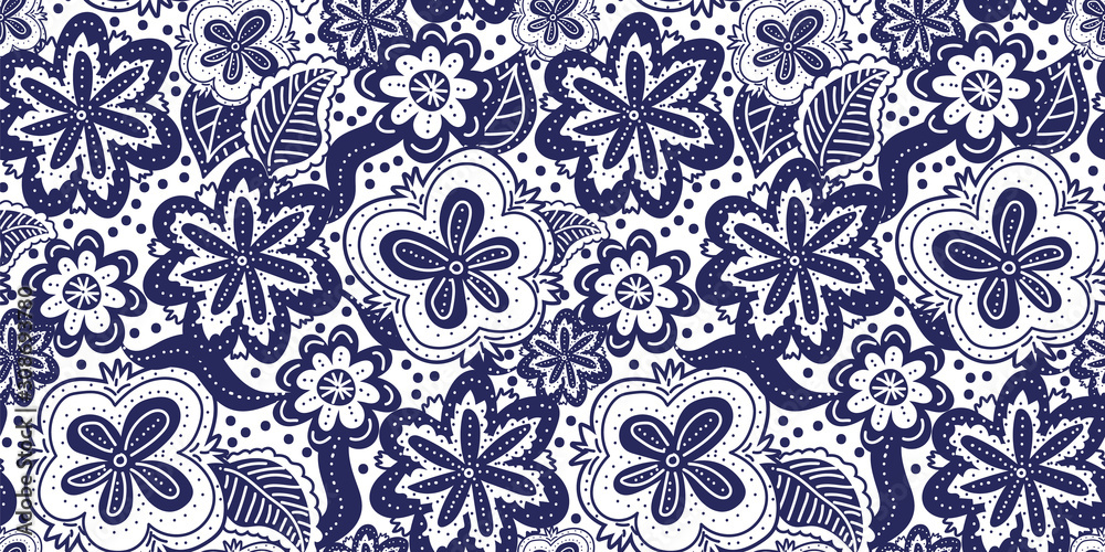 A seamless vector pattern with florals in dark blue and white. Decorative surface print design. Great for fabrics, stationery, and home decor. A seamless vector pattern with florals in dark blue and white. Decorative surface print design. Great for fabrics, stationery, and home decor.