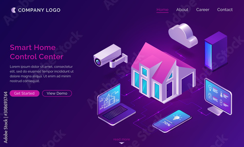 Smart home isometric, internet of things concept vector illustration. Control center with surveillance monitoring camera, computer and laptop, home and cloud icon purple banner, ultraviolet website