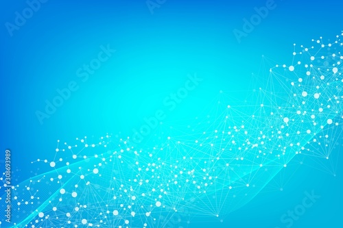 Structure molecule and communication. Dna, atom, neurons. Scientific concept for your design. Connected lines with dots. Medical, technology, chemistry, science background. Vector illustration.