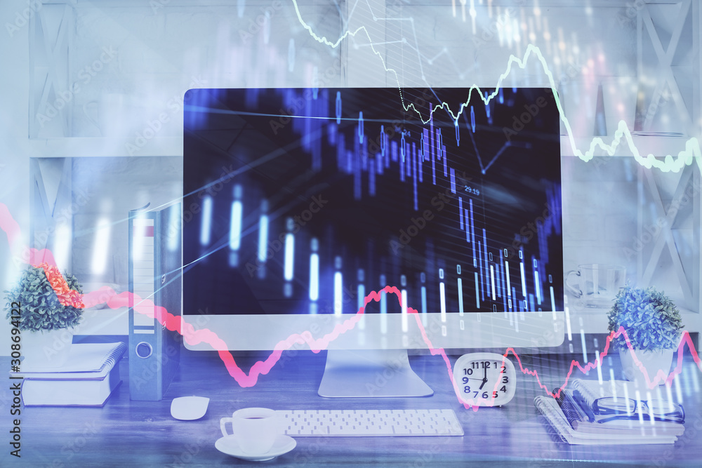 Forex graph hologram on table with computer background. Double exposure. Concept of financial markets.