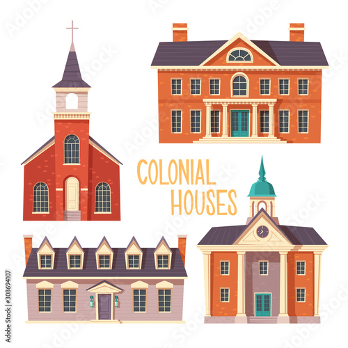 Urban retro colonial style building cartoon vector set illustration. Old residential and government buildings, church, Victorian houses isolated on white background