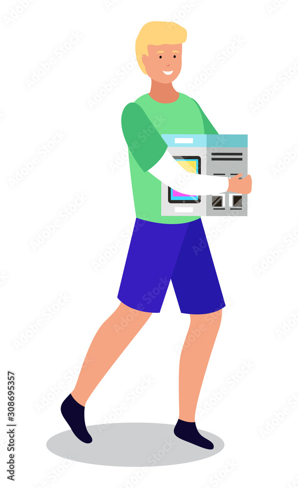 Male character carrying purchase from electronics store. Shopping personage with smile on face. Teenager boy using discounts while buying smartphone gadget. Client of shop, vector in flat style