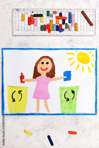 Photo of colorful drawing: Waste separation. Smiling girl segregating their garbage to different colored trash bins. Waste sorting to help safe the planet
