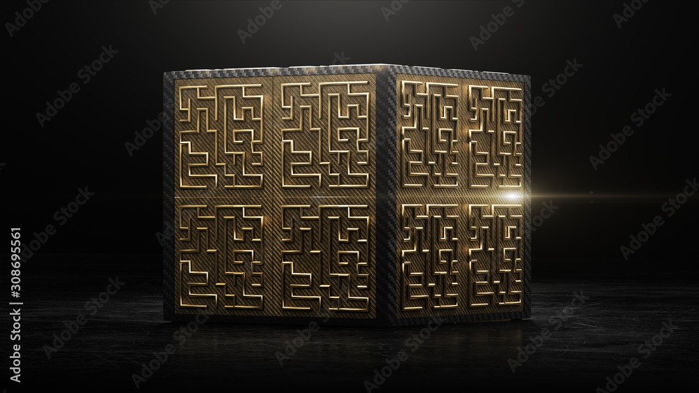 3d render cube with gold and black maze animation inside 3d render cube with gold and black maze animation inside