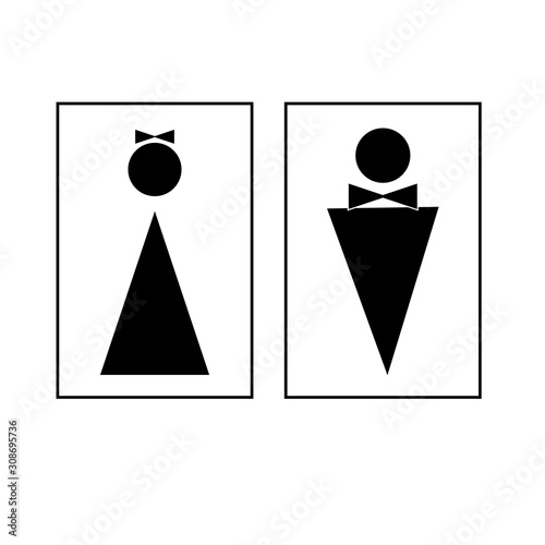 Black stylized silhouette men and women icon in square. Sign restroom women and men. Icon public toilette and bathroom for hygiene. Template for poster, sign. Flat vector image. Vector illustration.