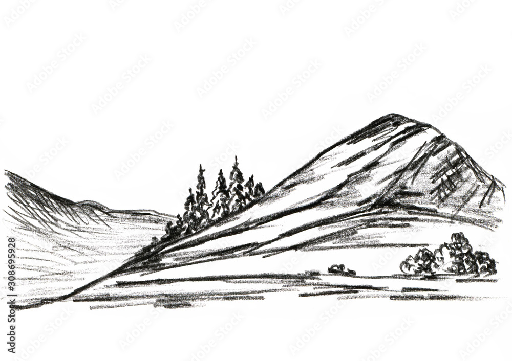 Obraz premium Black-white graphic drawing of charcoal pencil. Mountain landscape, hills and rocks, wild European nature for tourism design, travel, card.