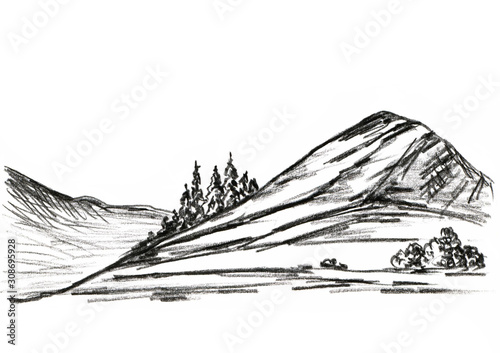 Black-white graphic drawing of charcoal pencil. Mountain landscape, hills and rocks, wild European nature for tourism design, travel, card.