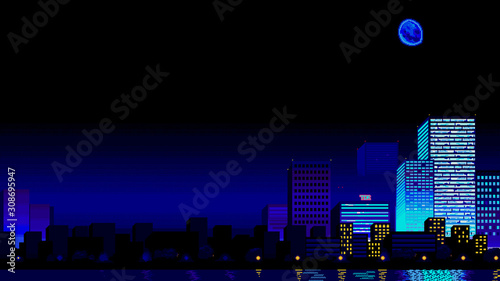 Futuristic night city. Downtown  digital cityscape with skyscrapers. Retrowave 80s-90s aesthetics. Pixel art game location. Old style video game. Copy space