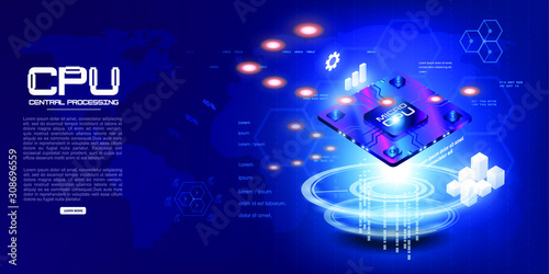 Futuristic projection of the microchip of the future. 3D closeup of CPU for web design. Concept with circuit board and CPU isometric processor.