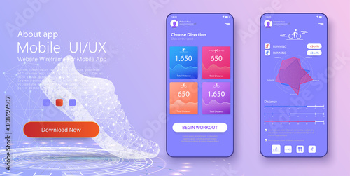 Different UI, UX, GUI screens fitness app and flat web icons for mobile apps, responsive website including. Web design and mobile template. Fitness interface design for mobile application. Vector