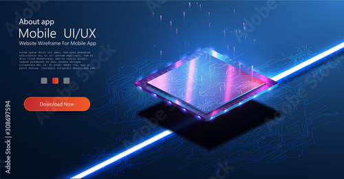 Futuristic microchip processor with lights on the blue background. Quantum computer, large data processing, database concept. CPU isometric banner. Control Computer Processors CPU concept. Vector