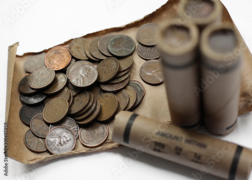 Sealed and open roll with 1 wheat  cent coins