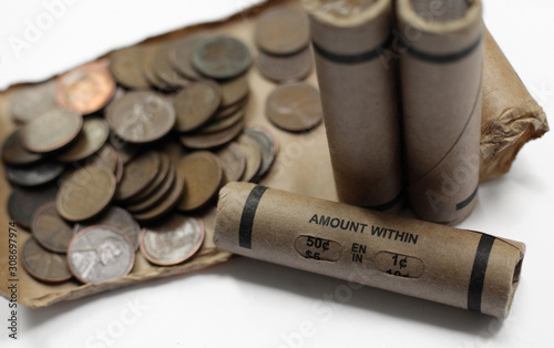 Sealed and open roll with 1 wheat  cent coins