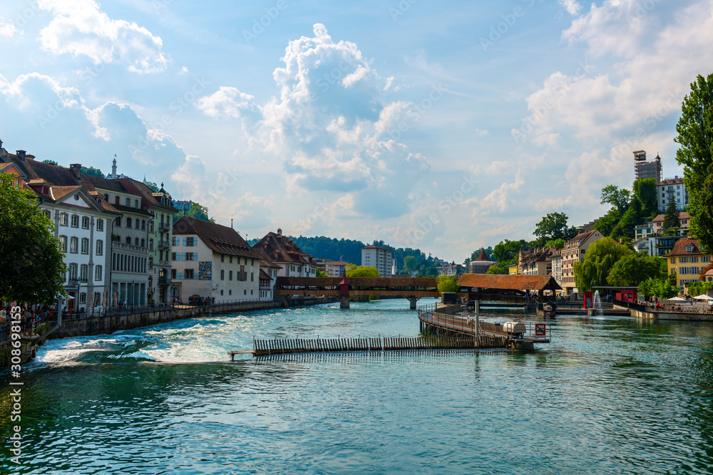 Spreuer Bridge and Reuss River in City of Lucerne, Switzerland.