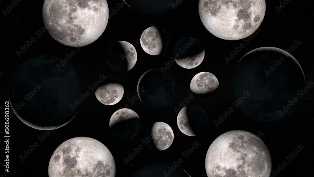 Seamless animation of moon phases with stars and milky way in the background. Elements of this image furnished by NASA.