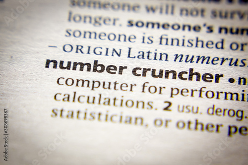 Word or phrase Number cruncher in a dictionary. photo