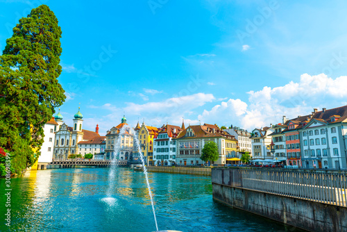 Reuss River and City of Lucerne in Switzerland.
