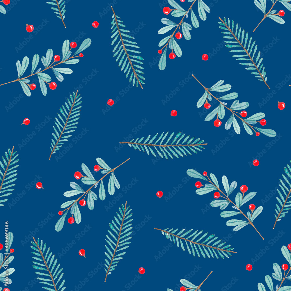 watercolor seamless pattern with leaves, berries and branches isolated on classic blue background pantone 2020 watercolor seamless pattern with leaves, berries and branches isolated on classic blue background pantone 2020