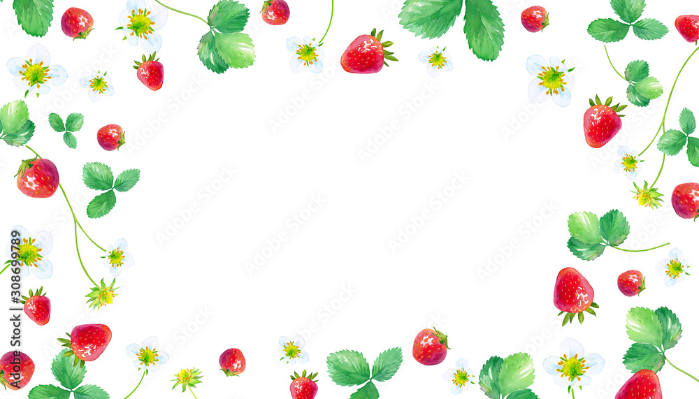 イチゴをちりばめた模様の囲みフレーム 水彩イラスト Stock Illustration Adobe Stock