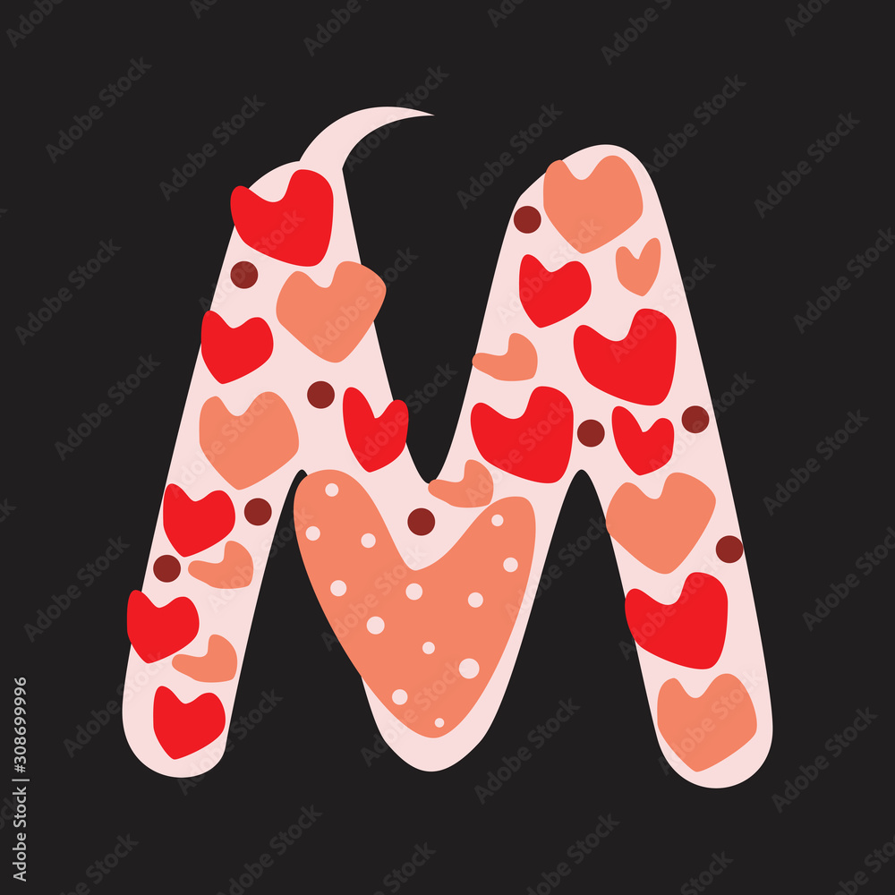 A letter M with red and pink doodle hearts isolated on black background, a vector stock illustration with romantic font letters for Valentine's day, anniversary, love date, wedding