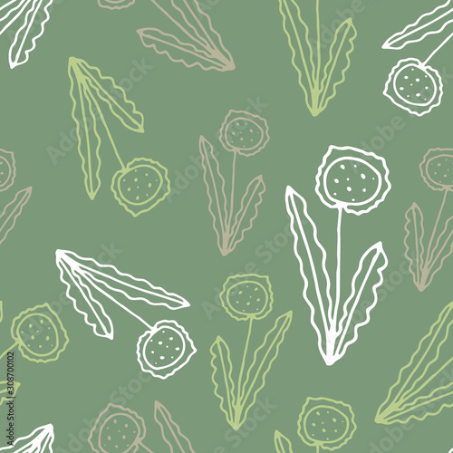 Floral seamless pattern in line art style.  Abstract botanical print of flowers, leaves, twigs. Textile design texture. Spring blossom background. Vector illustration.