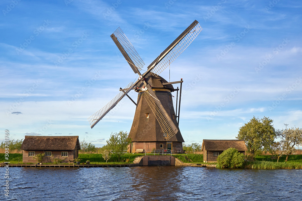 Rural wooden dutch windmill in Kinderdijk