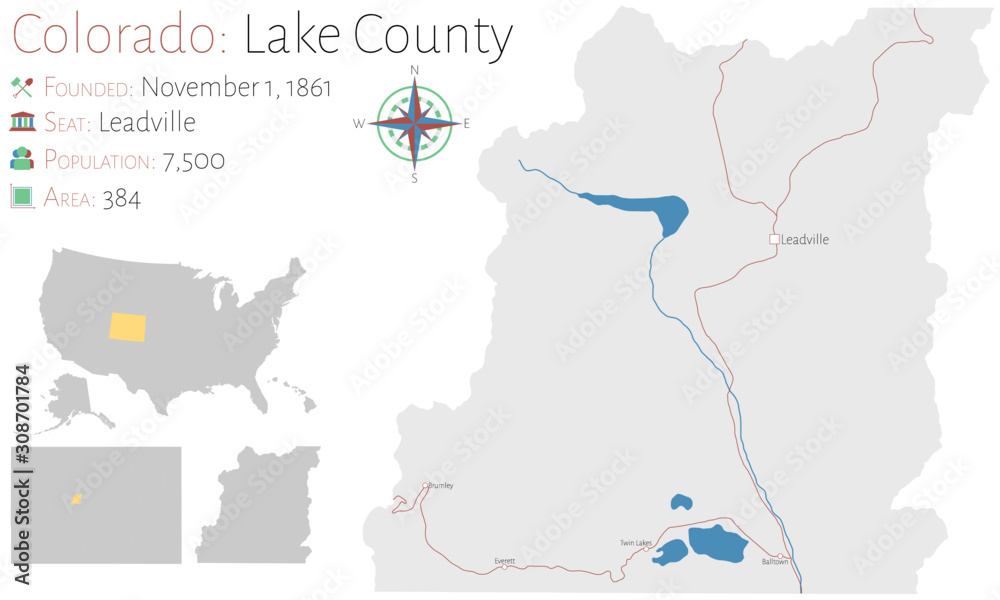 Large and detailed map of Lake county in Colorado, USA.