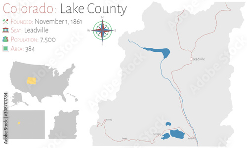 Large and detailed map of Lake county in Colorado, USA.
