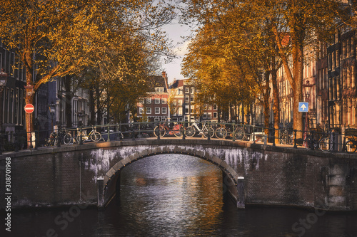 Beautiful stone canal bridge in Amsterdam