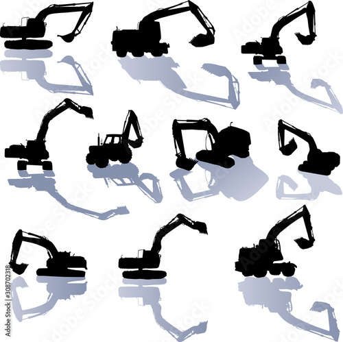ten black excavator silhouettes with shadows